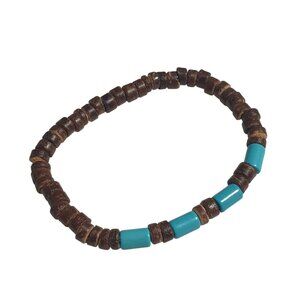 Handcrafted Stretch Bracelet Brown Wood Blue Beads Boho Beach Core Wrist Stack
